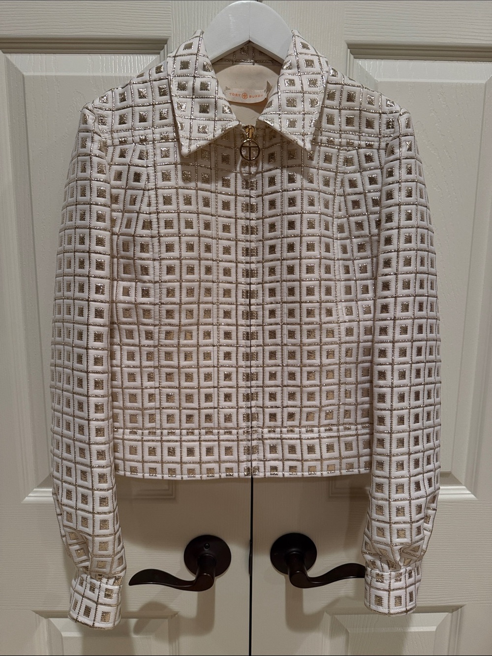 Tory Burch Women's White & Gold Embroidered Zip Jacket